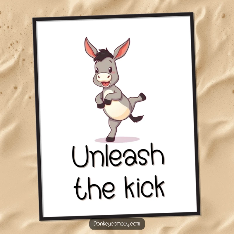 Funny Donkey Digital Art Print of a donkey performing a funny kick with hind legs, suitable for instant, dynamic, humorous decor.