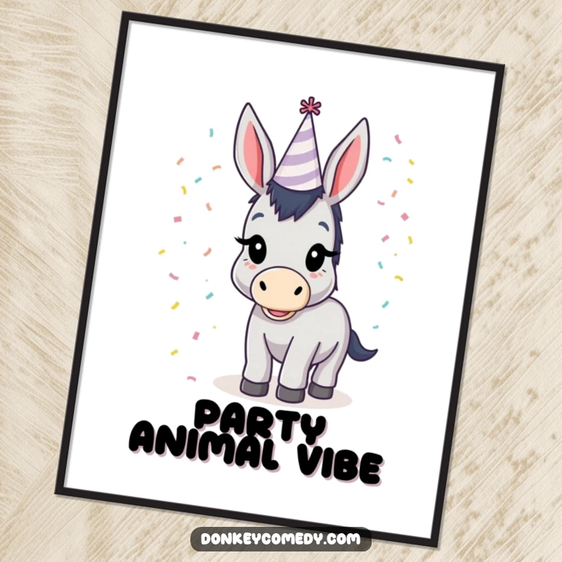 Funny donkey wearing a party hat with confetti falling, a humorous digital art print to bring joy and laughter.