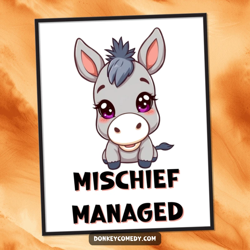 Funny Kawaii Donkey Mischief Digital Art: A printable artwork of a donkey with a mischievous twinkle, delivering instant sly humor and personality.