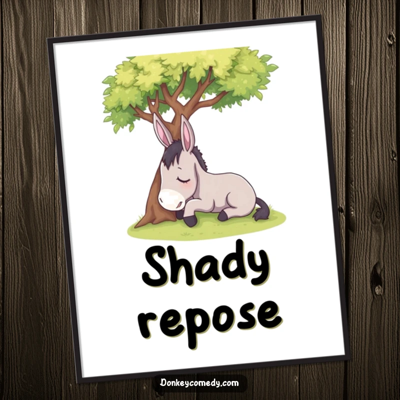 Funny sleepy donkey resting under a shady tree, as a printable digital art piece, perfect for a humorous gift.