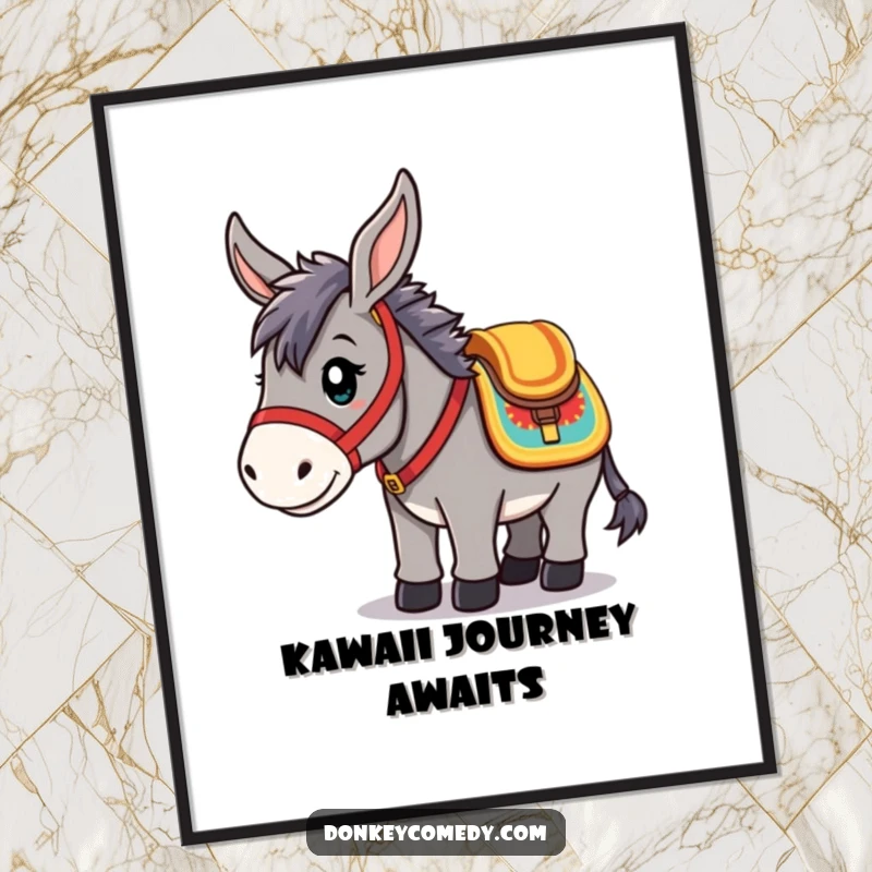 Funny Digital Art Print of a kawaii donkey in a saddle, looking ready, embodying cute adventure and humorous appeal for walls.