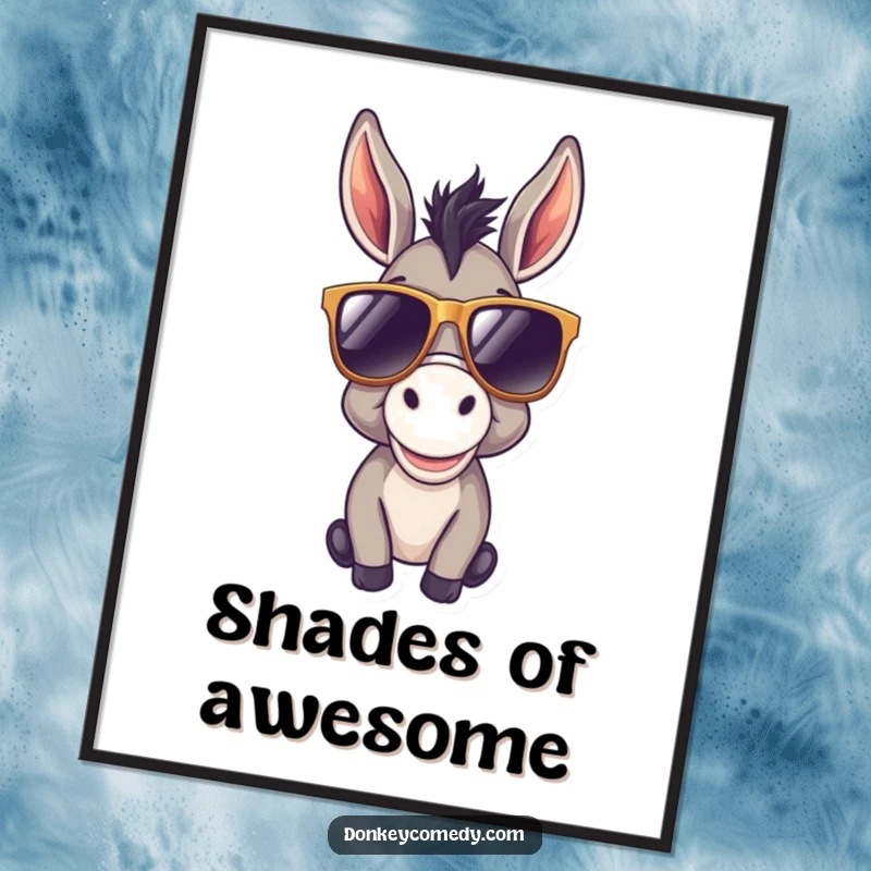Funny donkey digital art print of a cool donkey wearing oversized sunglasses, radiating happiness and effortless style for vibrant decor.