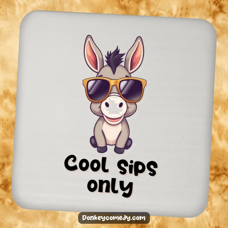 Funny donkey drink coasters depicting a cool donkey in oversized sunglasses, adding a stylish and happy touch to beverage placement.