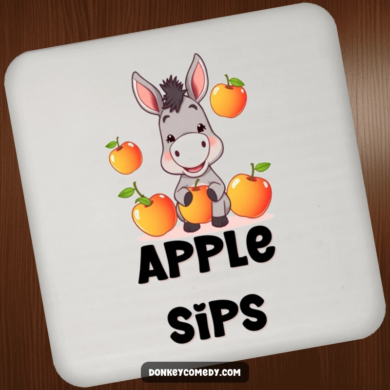 Funny Donkey Coaster: A mischievous donkey juggles apples, adorably guarding your drinks with humor.