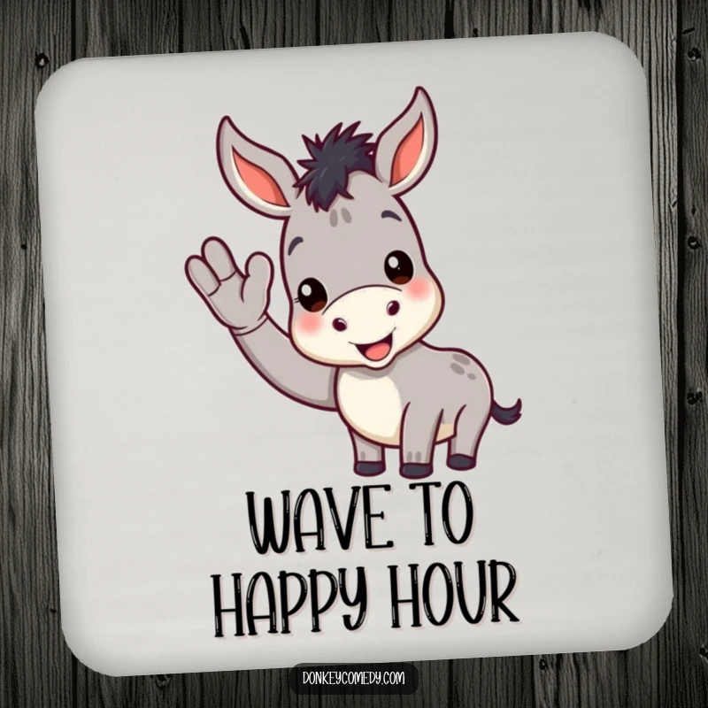 Funny donkey coaster set featuring a cheerful donkey giving a friendly wave, protecting surfaces with a welcoming smile.