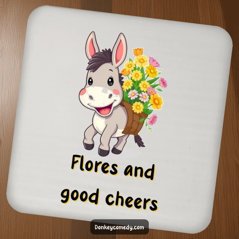 Funny drink coaster featuring a donkey with a wide, cheerful grin carrying a load of colorful flowers, protecting surfaces with joy.