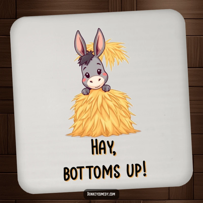 Funny Donkey Drink Coasters featuring a donkey peeking over a tall stack of hay, offering playful protection and a hint of mystery.