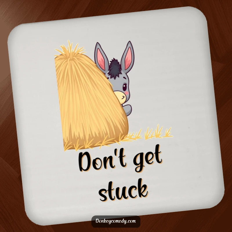 Funny drink coaster with a donkey humorously peeking from behind a haystack, perfect for adding a playful touch.