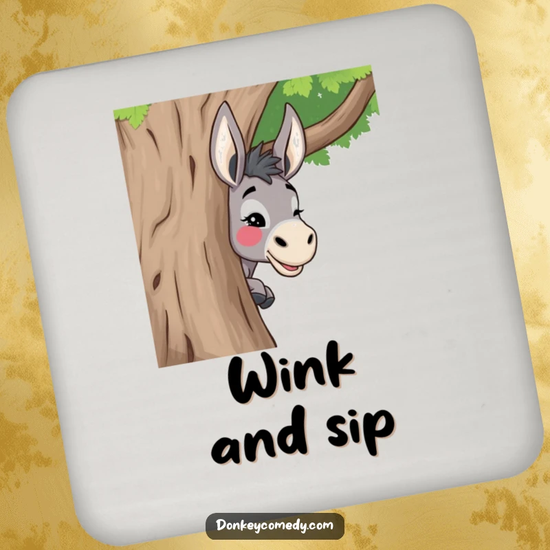 Funny donkey drink coasters featuring a donkey peeking around a tree with a playful wink, adding a humorous touch to beverage protection.