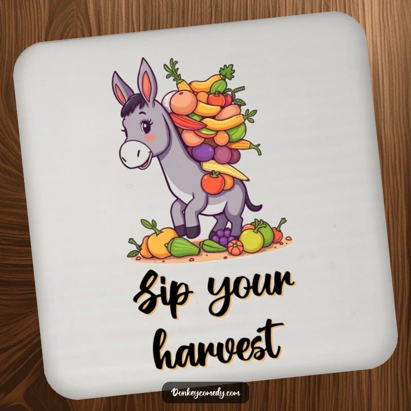 Funny donkey balancing a pile of assorted farm produce, humorous and protective drink coaster.