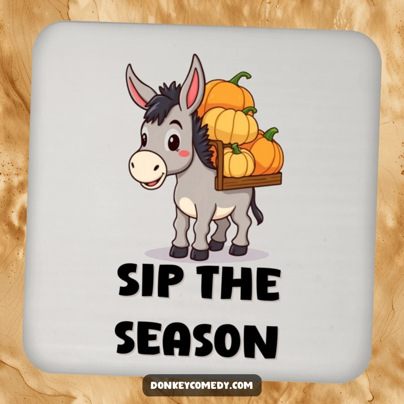 Funny Donkey Pumpkin Haul Coaster Set: Coasters featuring a determined donkey carrying pumpkins, offering funny fall protection.