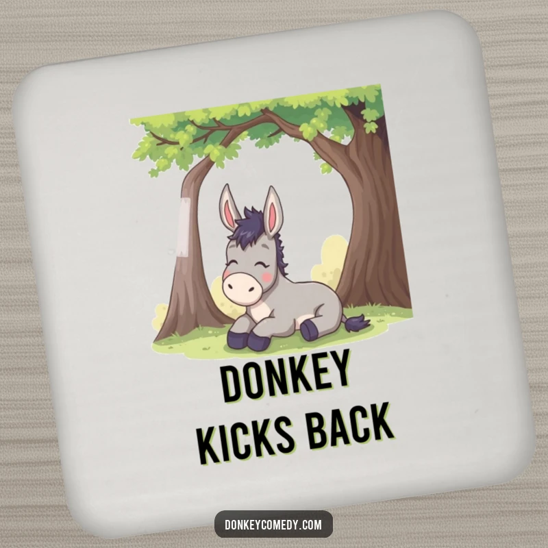 Funny donkey drink coaster shows a relaxed donkey sighing under a tree, protecting surfaces with a touch of humor and relief.
