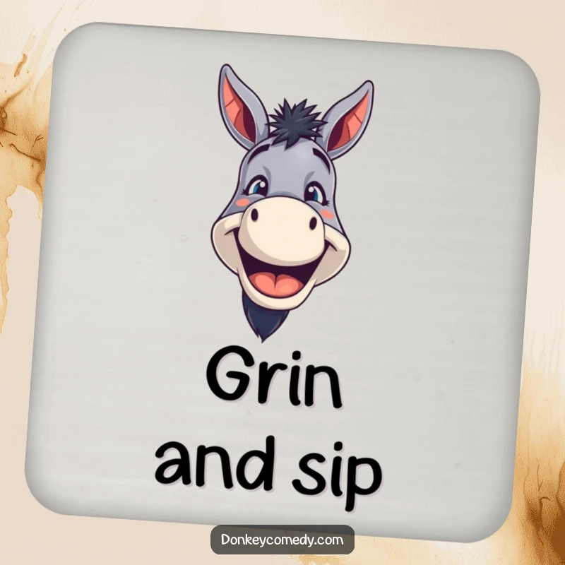 Funny Donkey Drink Coasters featuring a donkey with a wide, toothy grin, offering playful protection and a dose of funny happiness.