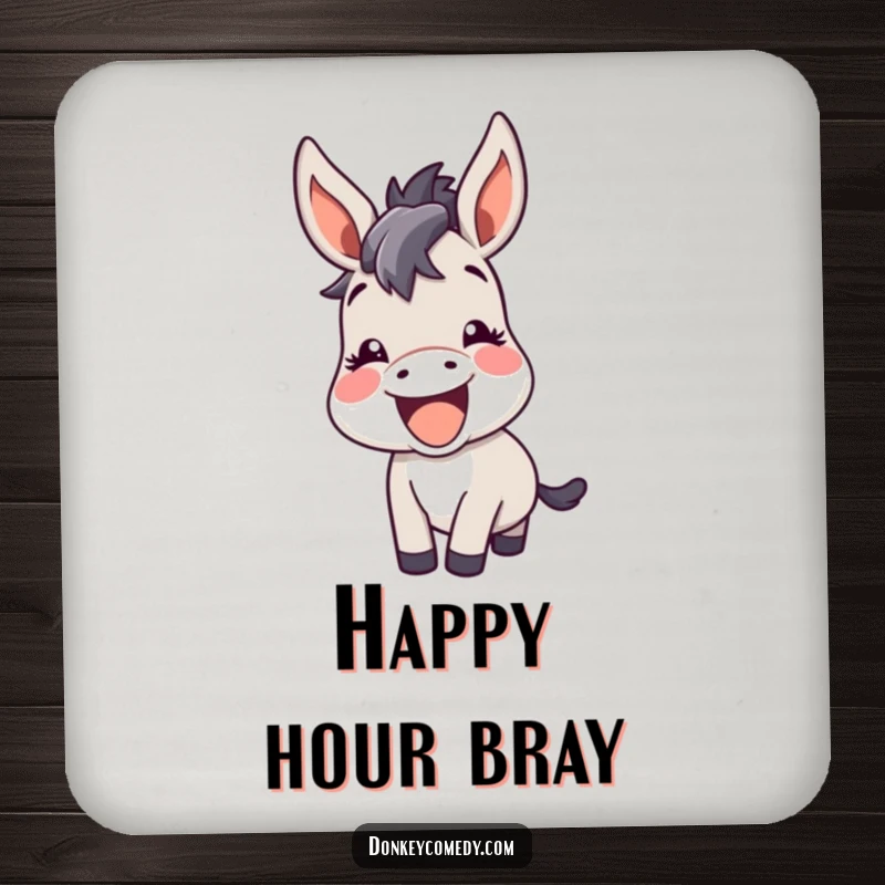 Funny kawaii donkey with perked ears, braying happily with amusement, perfect for a drink coaster.
