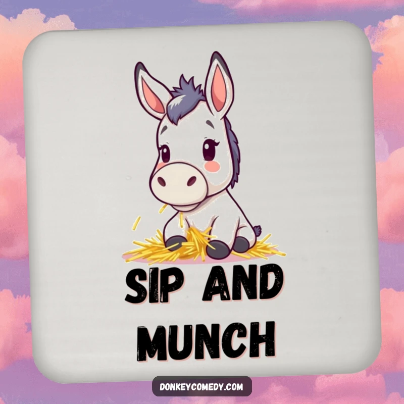 Funny drink coaster with a cute kawaii donkey, perky ears, happily munching hay, bringing charm to surfaces, a great funny gift.