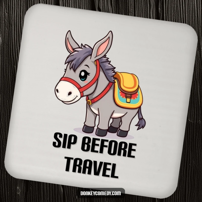 Funny Drink Coaster featuring a kawaii donkey in a saddle, ready for action, for protecting surfaces with humor.