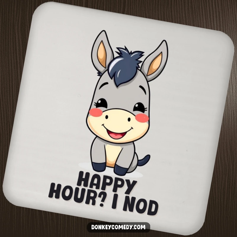 Funny Kawaii Donkey Coaster featuring a cute donkey with a cheerful smile and friendly nod, perfect for drinks.