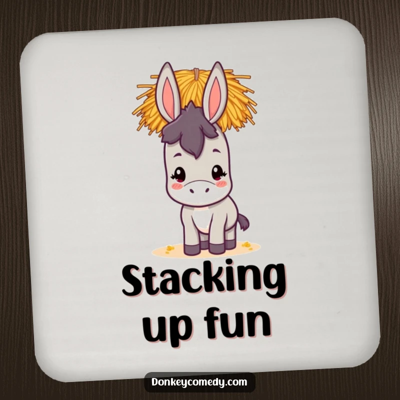 Funny kawaii donkey coaster set featuring a cute donkey balancing a stack of hay on its head, protecting surfaces with humor.