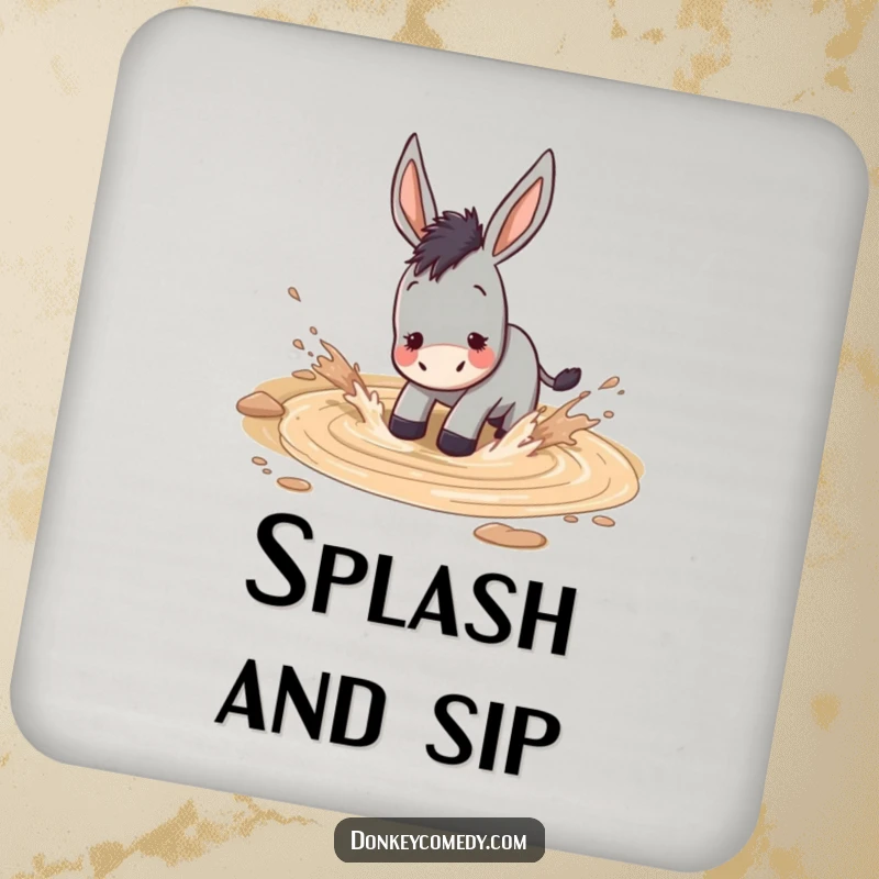 Funny donkey gleefully splashing in a muddy puddle, humorous and protective drink coaster.