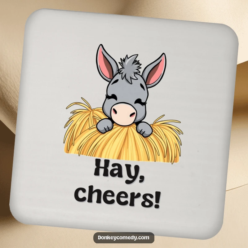 Funny Donkey Coaster: A donkey peeks from a haystack with a playful wink, adorably guarding your drinks.