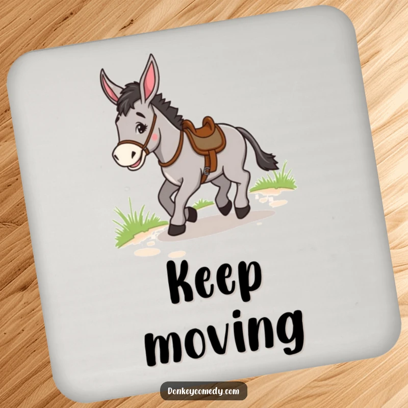 Funny Donkey Trotting Coaster Set: Coasters featuring a donkey joyfully trotting along a path, offering funny protection.
