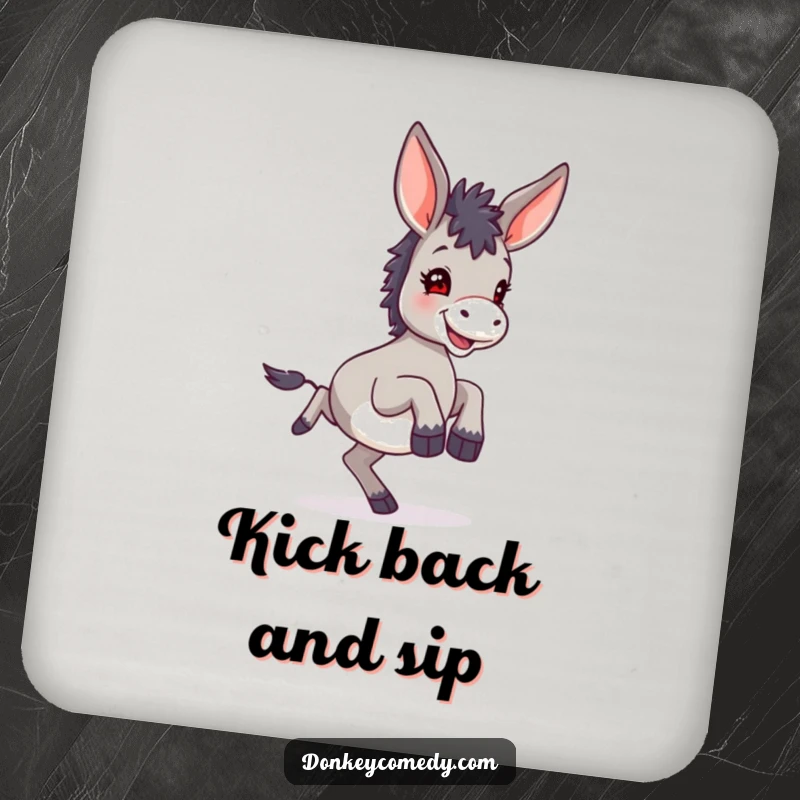 Funny small donkey with large ears, joyfully kicking its hind legs, a charming and humorous design on a drink coaster.