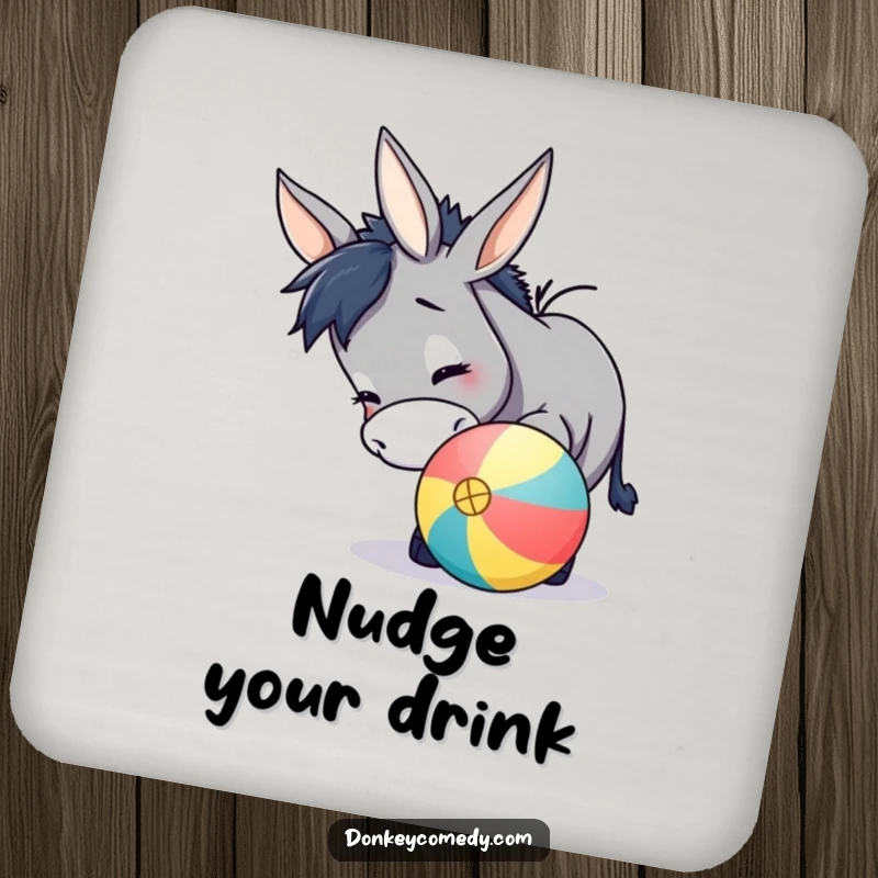 Funny donkey coaster set featuring a playful donkey nudging a colorful ball with its nose, protecting surfaces with humor.