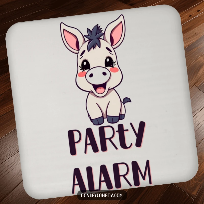 Funny kawaii donkey drink coaster, large-eared and joyfully braying, adding cartoon charm to any surface.