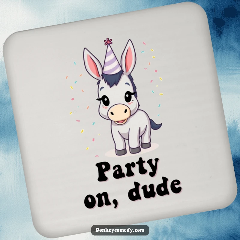Funny donkey wearing a tiny party hat and confetti, a humorous and protective drink coaster for parties.
