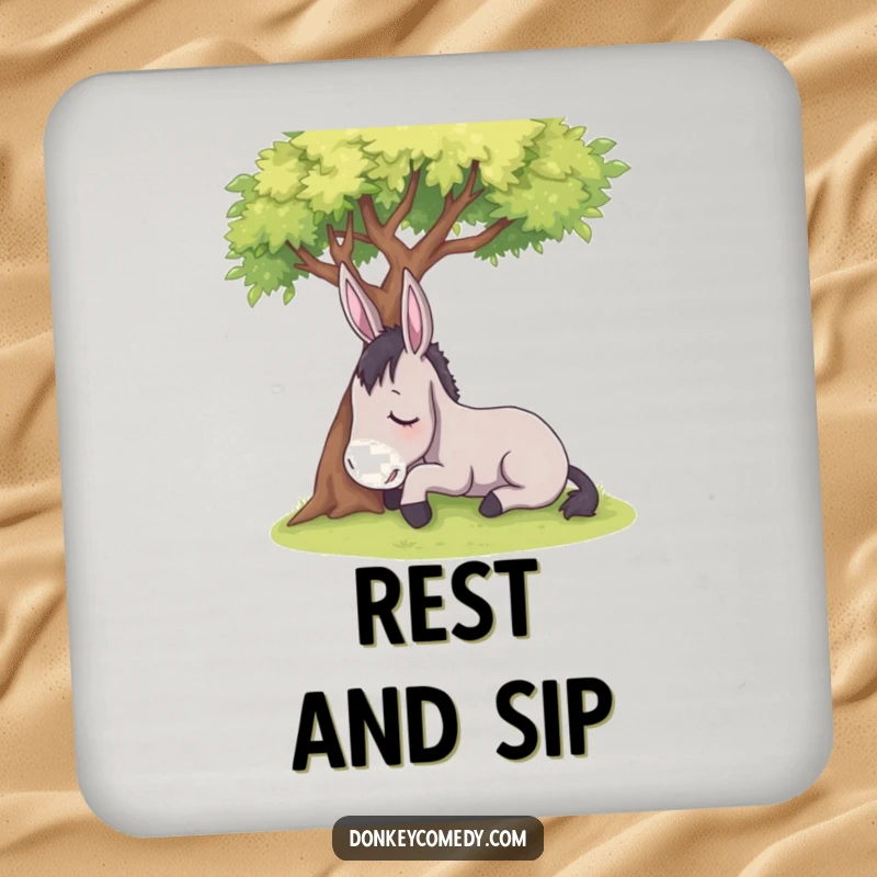 Funny sleepy donkey resting under a shady tree, on a protective drink coaster, a humorous household gift.