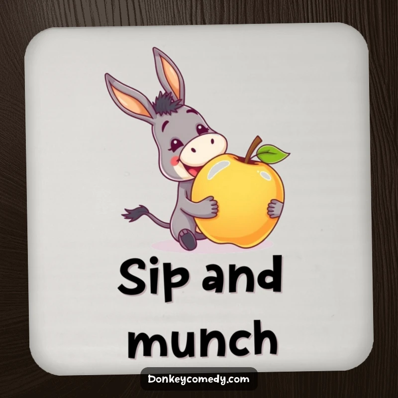 Funny coaster depicting a donkey with an excited grin, happily receiving a giant apple, protecting your surfaces.