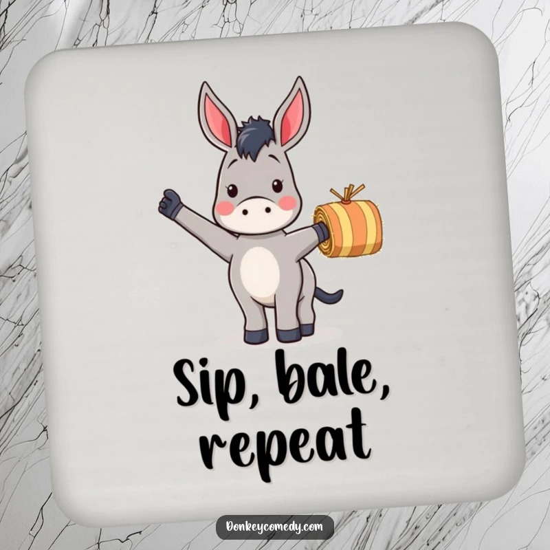 Funny drink coaster with a donkey enthusiastically waving a striped hay bale, protecting surfaces with farm humor.