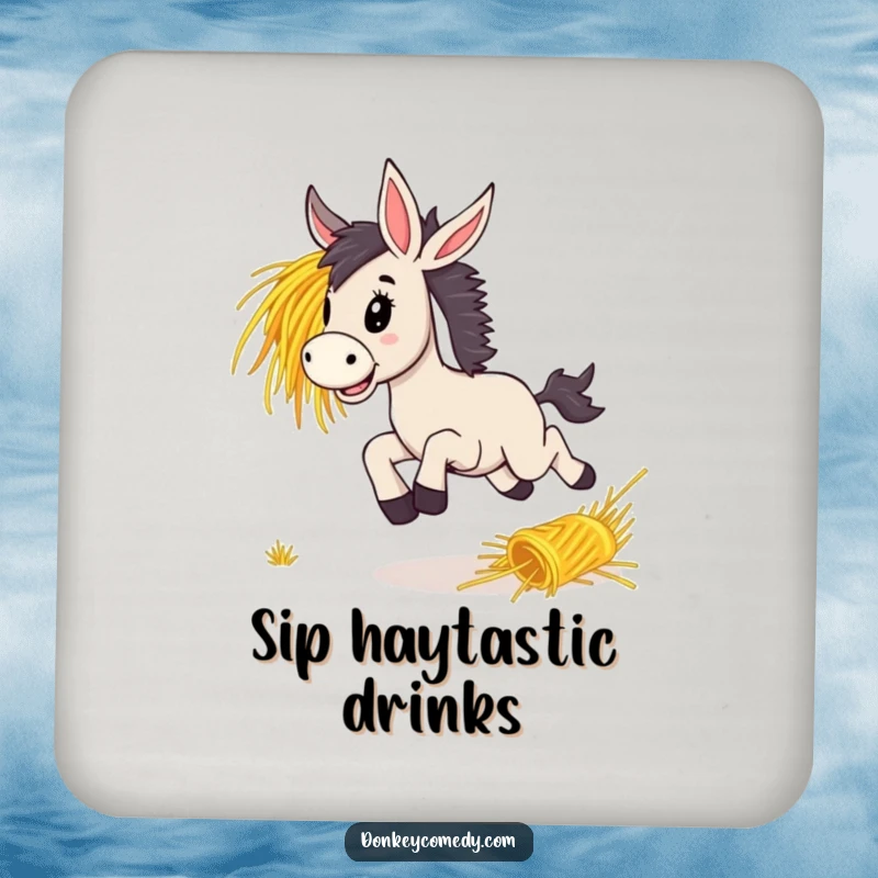 Funny donkey bounding with pure delight after a rolling bunch of hay, a lively and humorous design on a drink coaster.