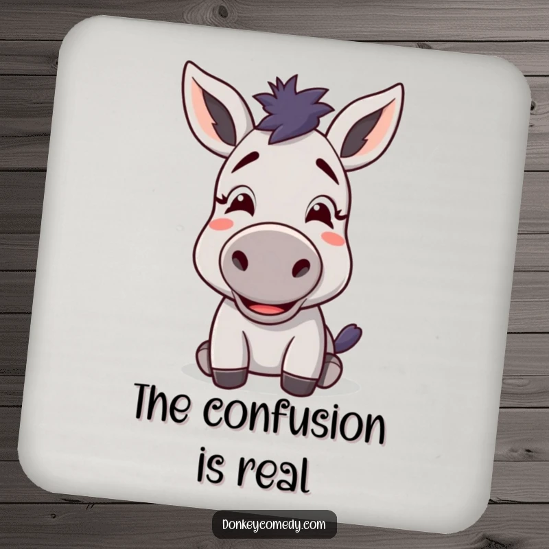 Funny kawaii donkey with a confused yet delighted expression on a drink coaster, adding humorous protection.