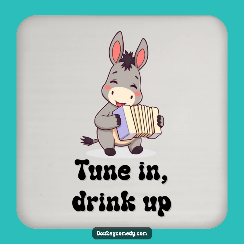 Funny donkey accordion drink coaster, a musical gift for hosts, featuring a smiling donkey playing tunes.