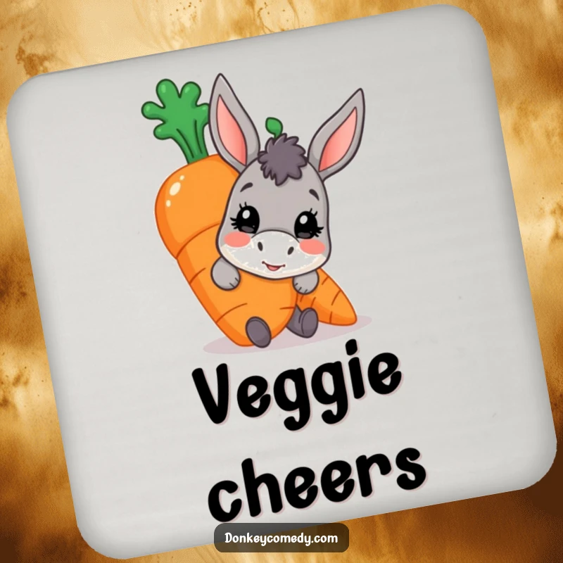 Funny donkey carrot drink coaster, a character peeking from behind a large ripe carrot, adding cartoon charm.