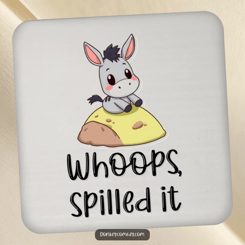 Funny donkey slide drink coaster, with a comically surprised face while sliding down a hill, bringing adventure humor to any table.