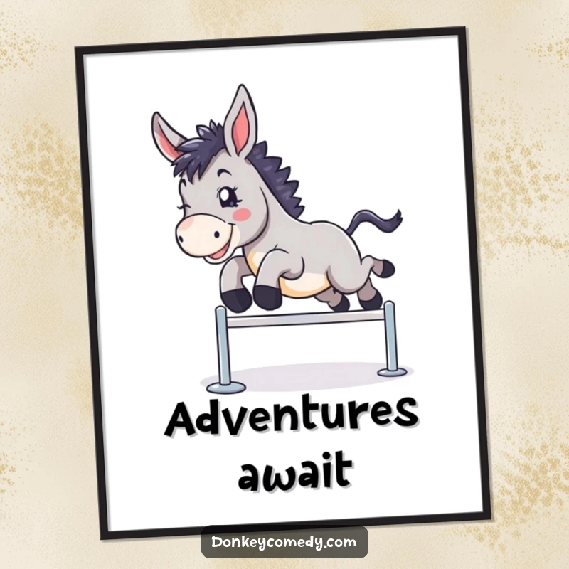 Funny poster print of a donkey soaring over a small hurdle, capturing a moment of pure exhilaration and success.