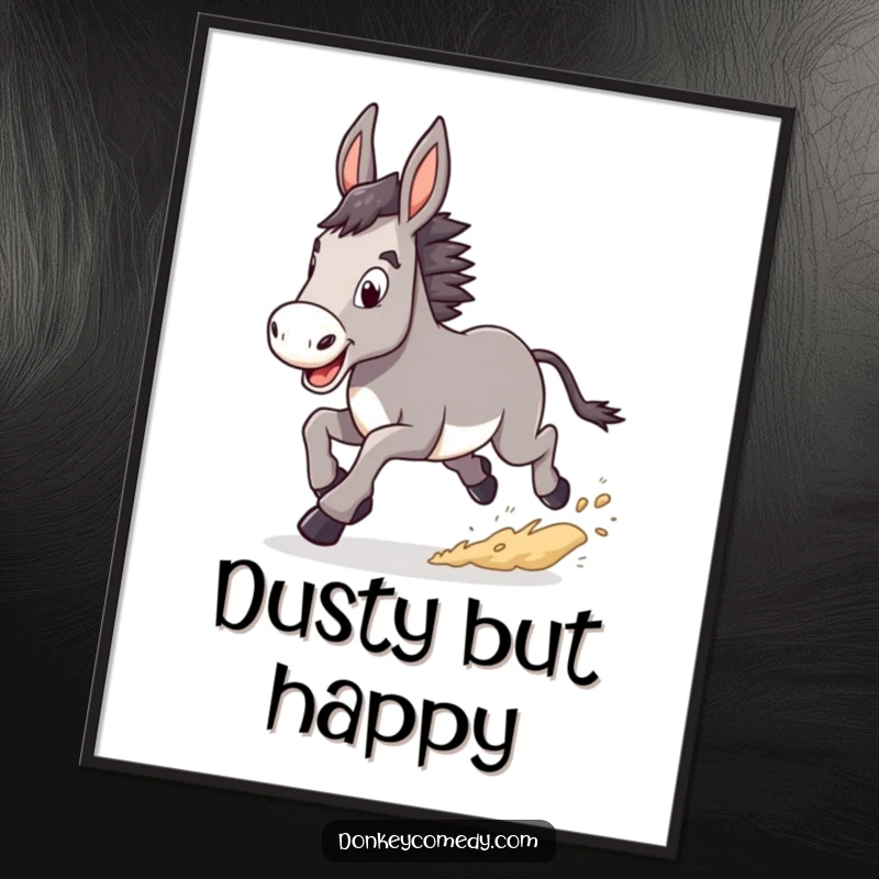 Funny Donkey Poster showing a donkey in a happy, determined trot, kicking up dust, adding dynamic, humorous motivation to walls.