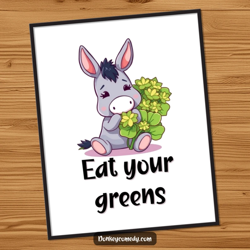 Funny poster print of a donkey playfully eating a huge clover, adding humor and personality to any wall.