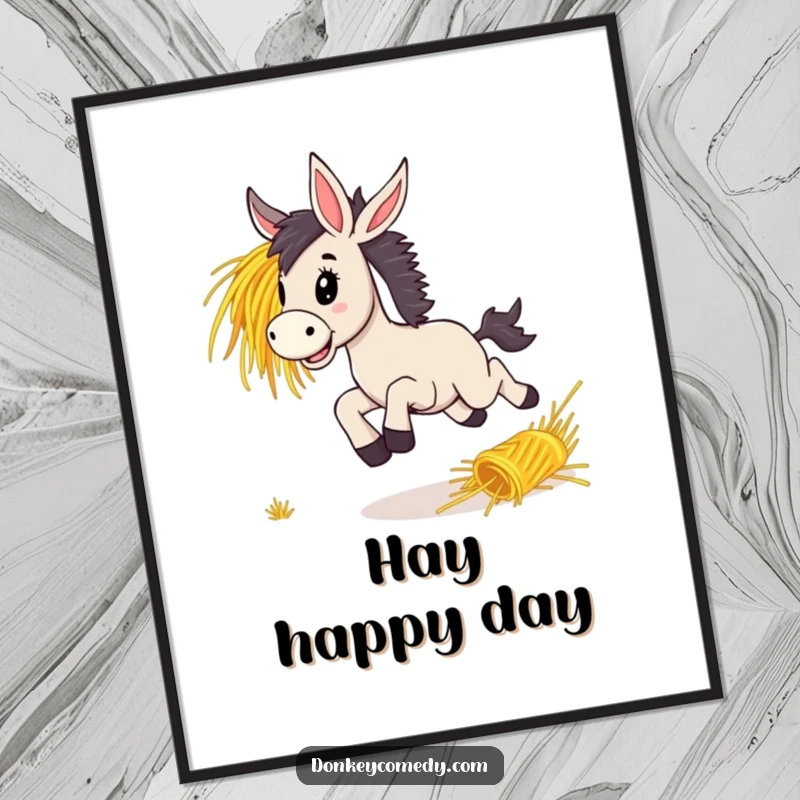 Funny, energetic donkey captured mid-bound with pure delight after a rolling bunch of hay, a spirited wall art piece.