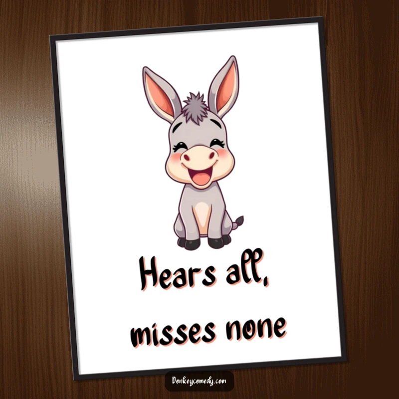 Funny poster print of a joyful donkey with oversized ears braying loudly, adding a humorous and spirited touch to wall decor.