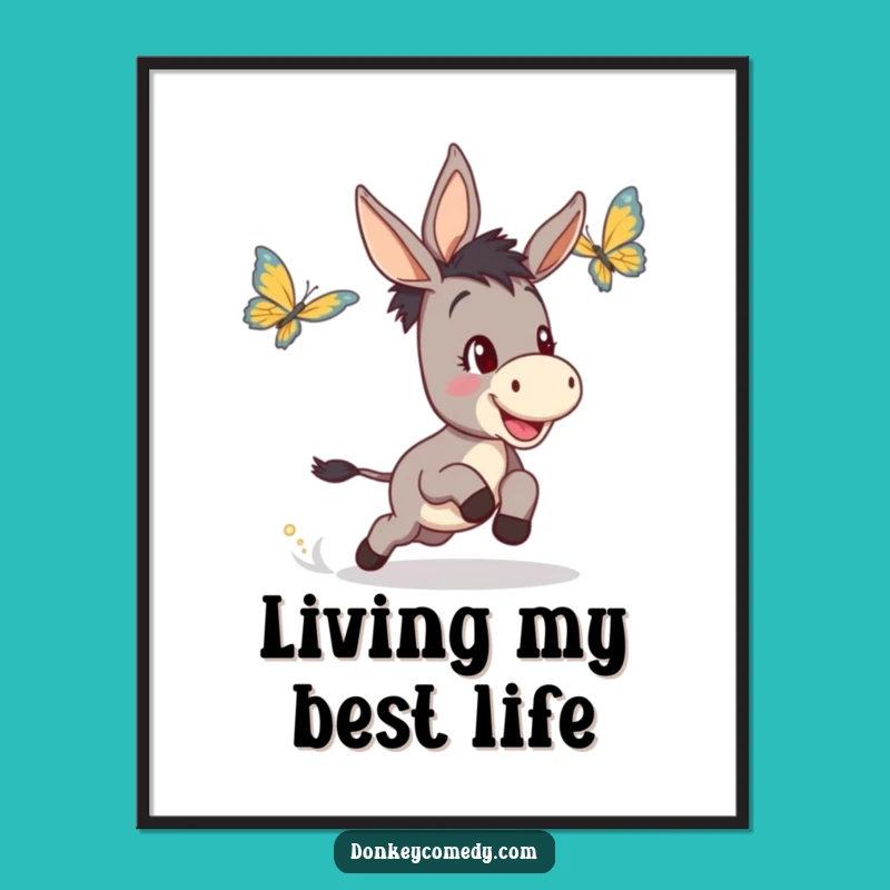 Funny Donkey Butterfly Chase Poster - Charming Humorous Wall Art for a Smile