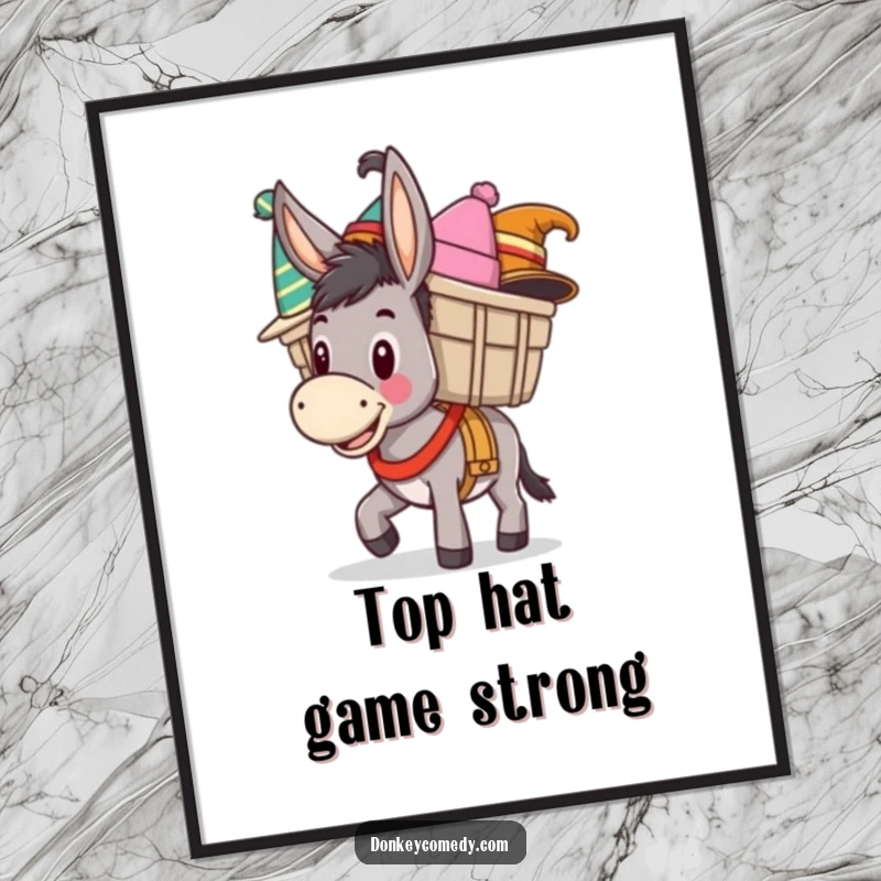 Funny poster print of a happy donkey carrying a stack of funny hats, adding a humorous and charming touch to wall decor.