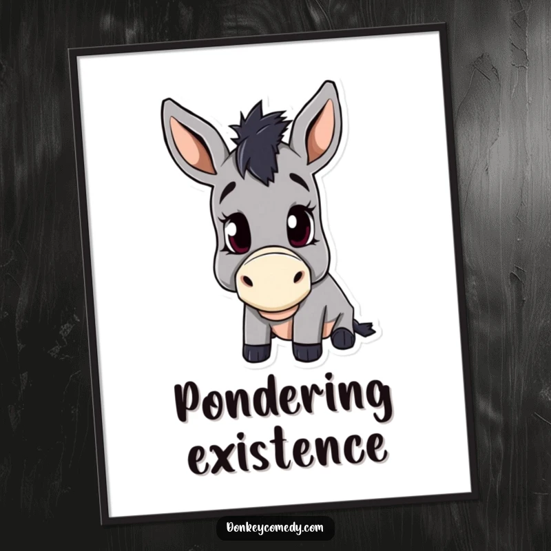 Funny poster print of a donkey with a pronounced head tilt, capturing a moment of intense, adorable curiosity.