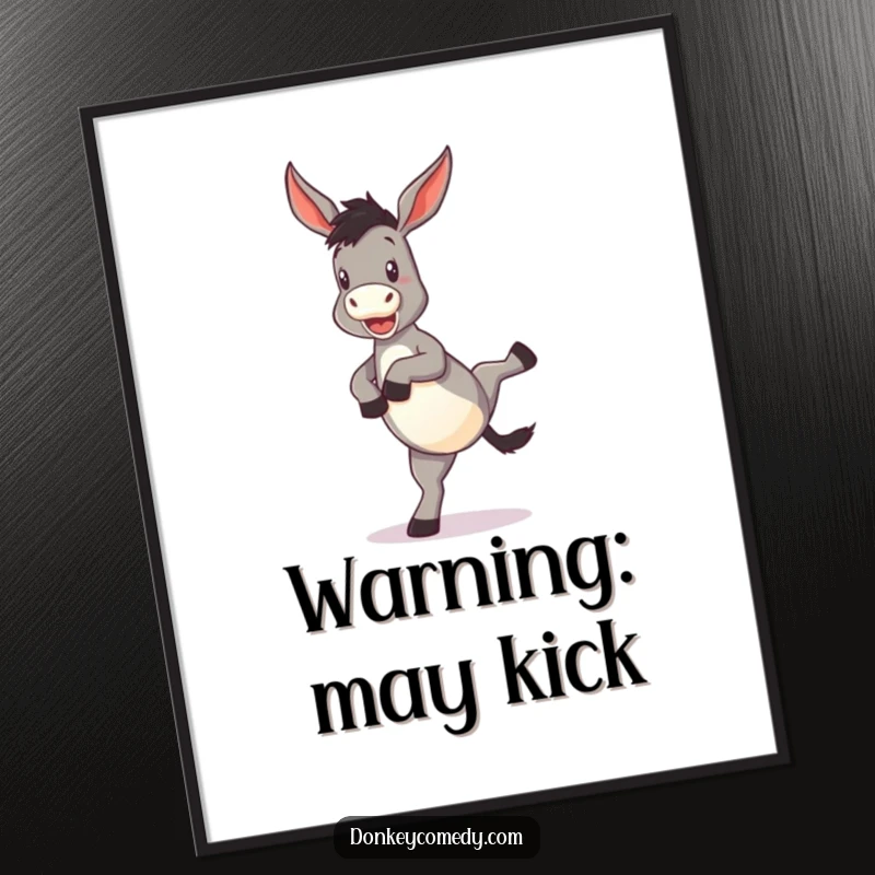 Funny Donkey Poster depicting a donkey performing a funny, energetic kick with its hind legs, adding dynamic humor to any wall.