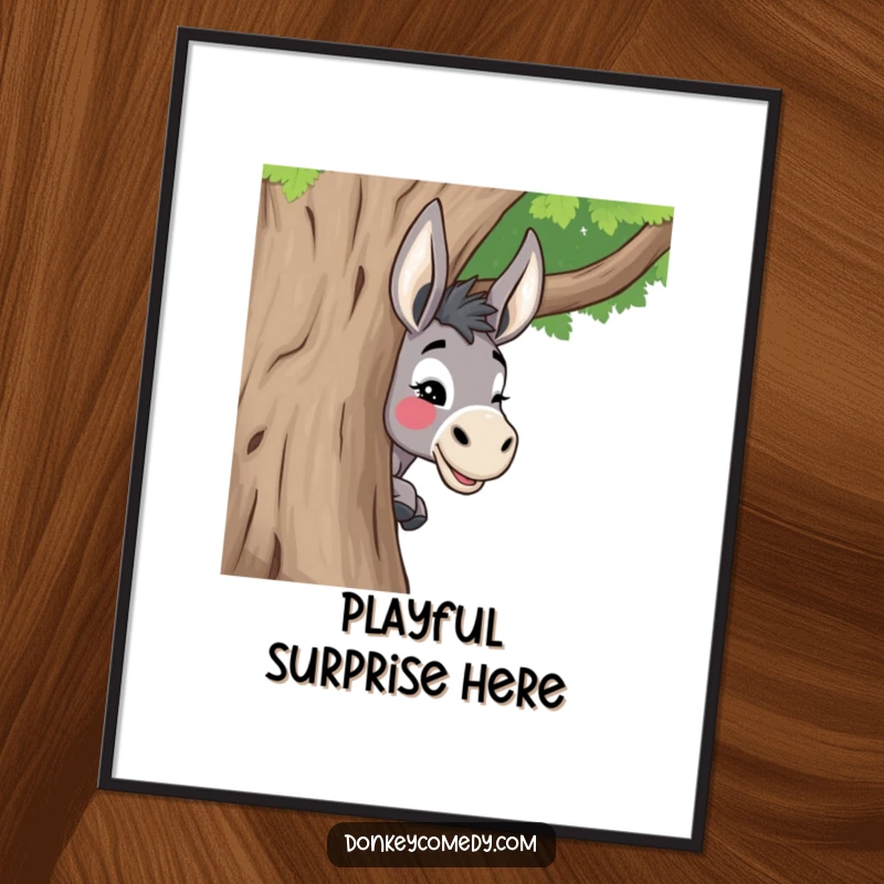 Funny donkey poster showcasing a donkey playfully peeking around a tree, giving a mischievous wink for a humorous and engaging display.