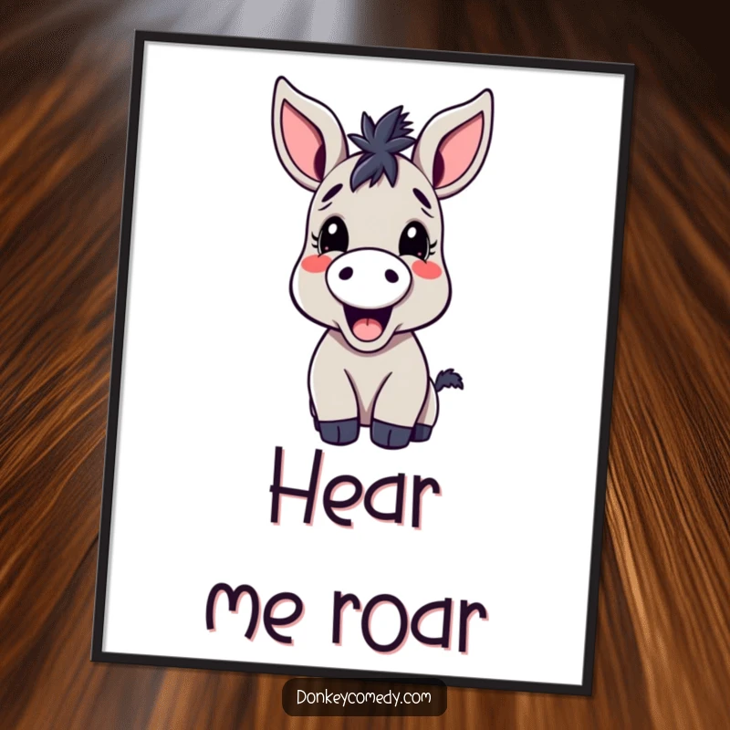 Funny kawaii donkey poster, large-eared and joyfully braying, bringing a splash of cartoon animal humor to any wall.