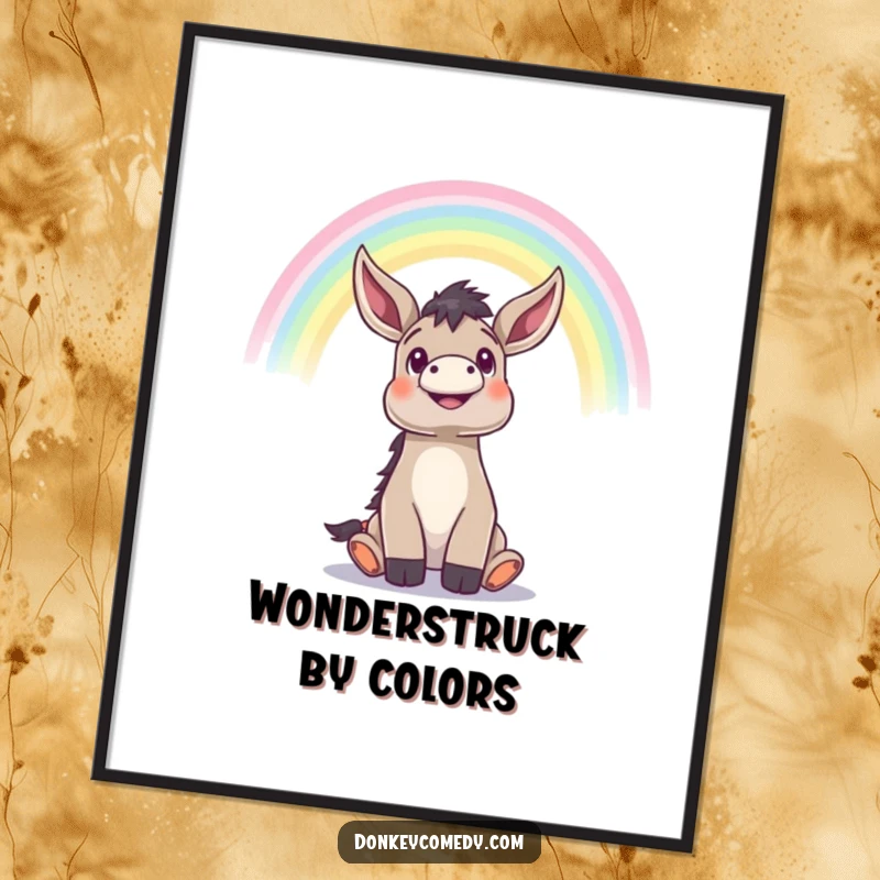 Funny donkey looking up with wonder at a majestic rainbow arching overhead, humorous and inspiring wall art poster.