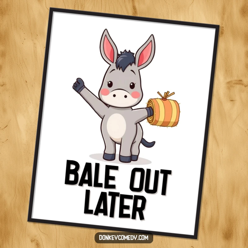 Funny poster of a donkey enthusiastically waving a small striped hay bale, adding whimsical farm humor to decor.